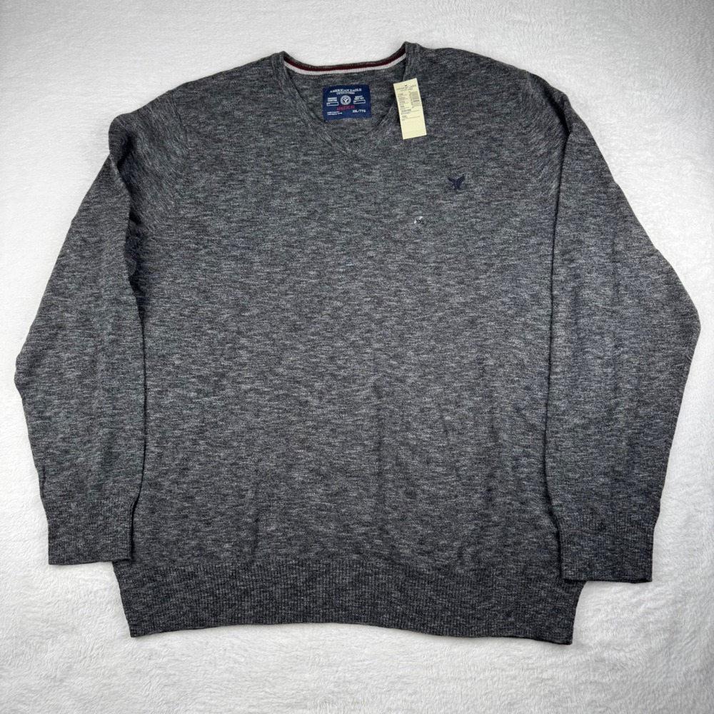 New American Eagle Sweater Mens XXL Grey Athletic Fit V-Neck Cotton Knit NWT
